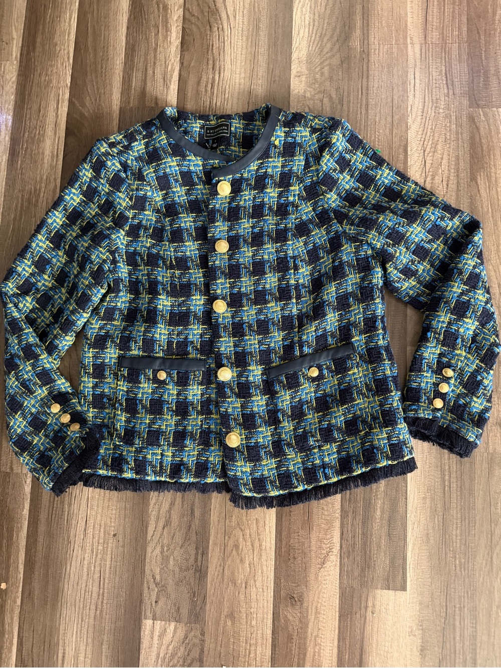 G by Giuliana Navy, Teal & Yellow Tweed Blazer with Gold Buttons